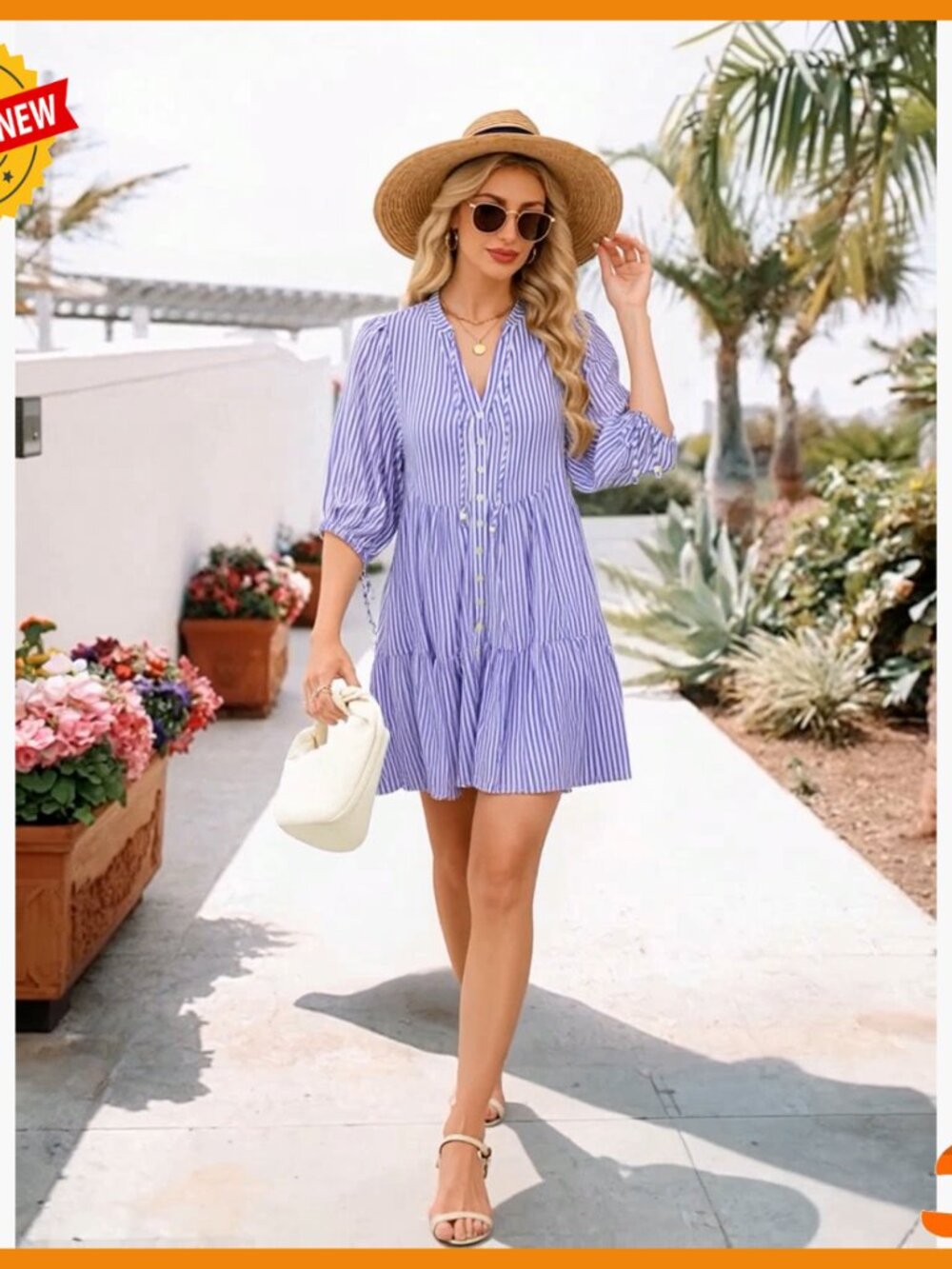 Floral Boho Shift Dress V Neck Puff Sleeve Button Down Summer Mini Dress - Picture 7 of 7